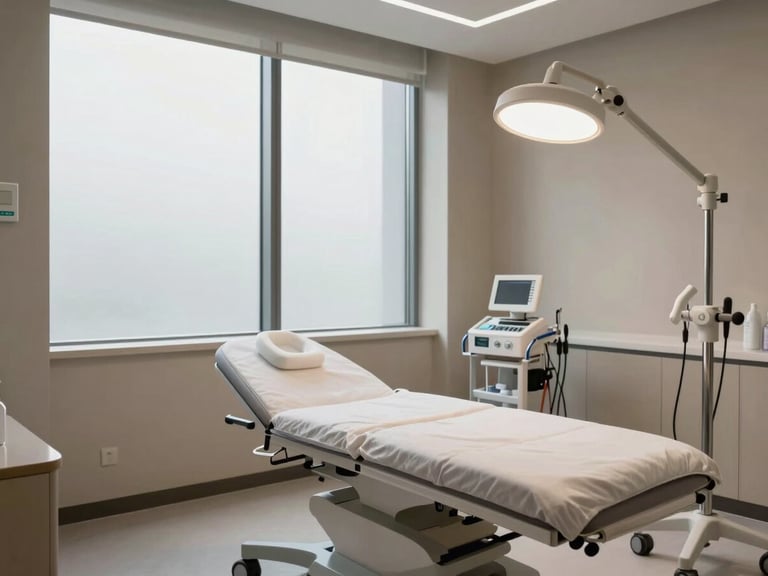 Wide environmental shot of a modern aesthetic medicine clinic treatment room, calm neutral tones, professional lighting equipment visible, unoccupied, natural daylight through frosted window