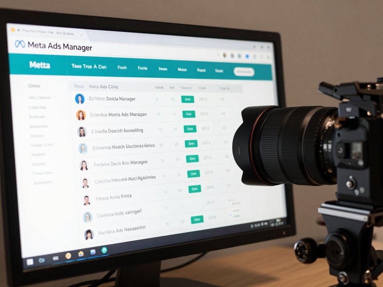 Meta Ads Manager dashboard on a monitor showing campaign performance metrics for a medical clinic, clean data visualization, teal accent colors, studio lighting, no faces