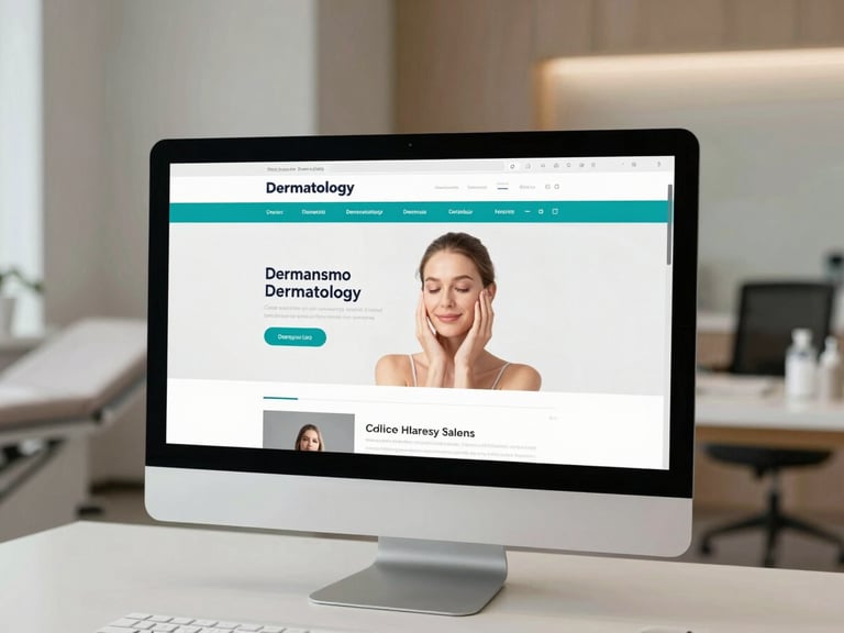 Wide shot of a modern dermatology clinic website displayed on a desktop monitor, clean sans-serif typography and teal accent navigation bar visible on screen, studio lighting, white desk surface, no people