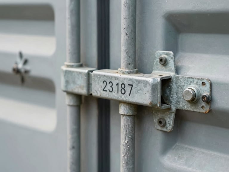 Macro close-up of a secure metal bolt seal locked on a shipping container door, crisp focused details on the serial number