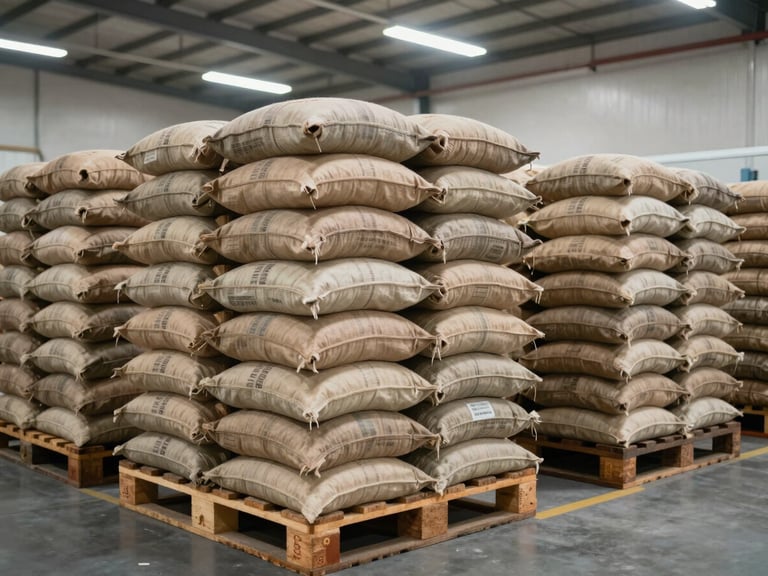 Clean, organized processing facility in Peru with export-ready pallets of cacao sacks stacked neatly, bright diffused warehouse lighting