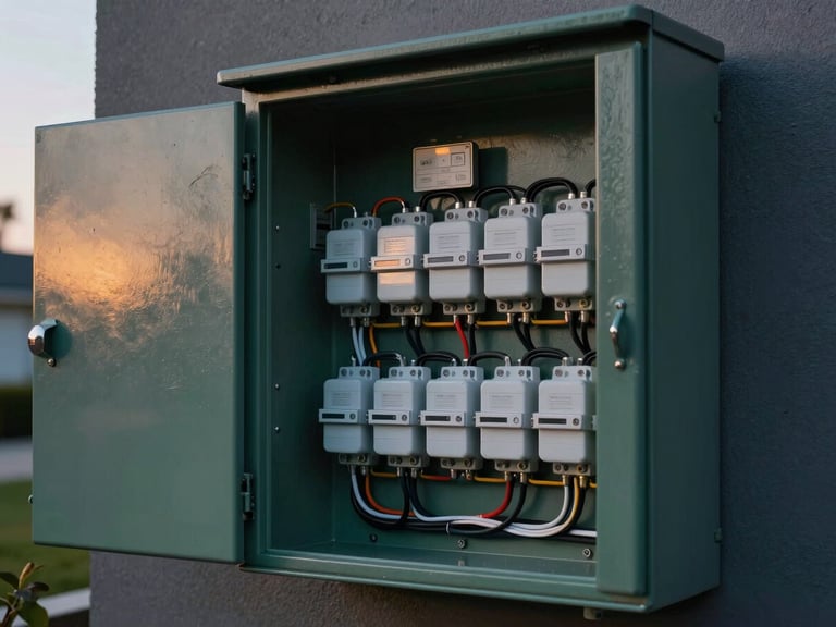 Crisp architectural shot of a modern outdoor electrical panel with perfectly organized, clean wiring, twilight lighting, sharp focus