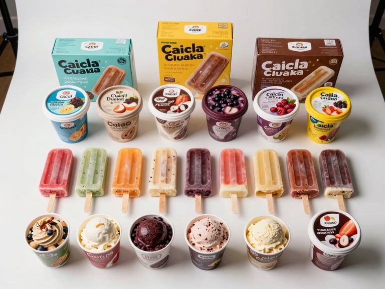 Flat-lay top-down view of a full product lineup on a clean white surface: colorful popsicles in multiple flavors arranged in a row, ice cream cups in front, açaí tubs and bulk caixa boxes behind — even studio lighting, saturated colors, no shadows obscuring labels