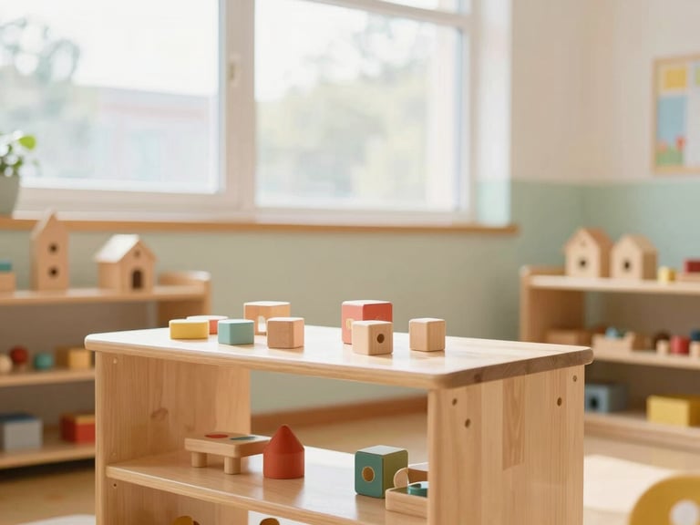 Warm editorial photography of a bright, sunlit preschool classroom with wooden toys on low shelves, soft natural window light, gentle pastel tones, shallow depth of field, 35mm lens