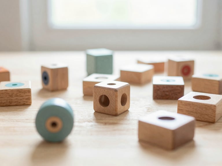 Close-up of wooden educational toys on a light wood table, soft natural window light, gentle pastel tones, shallow depth of field, 35mm lens