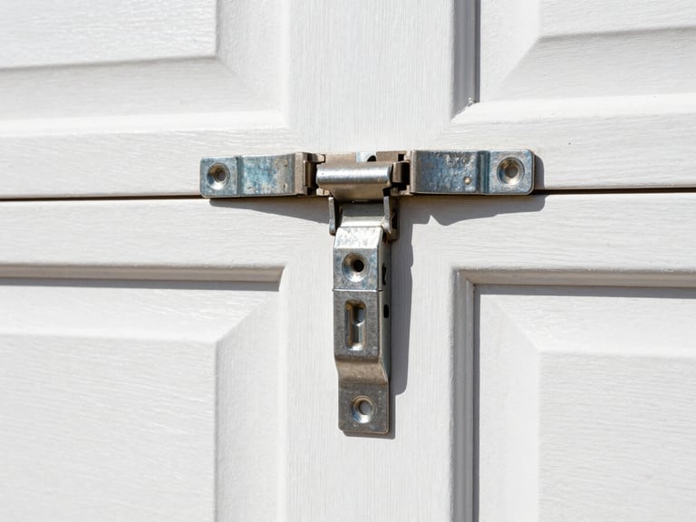 Macro close-up of heavy-duty galvanized steel garage door hinges installed on clean timber, bright Florida daylight, sharp focus, 35mm