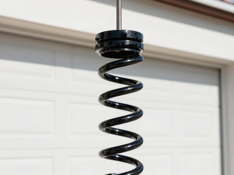 Close-up of a high-cycle garage door torsion spring, tensioned and coated in black protective enamel, bright outdoor lighting, professional architectural photography