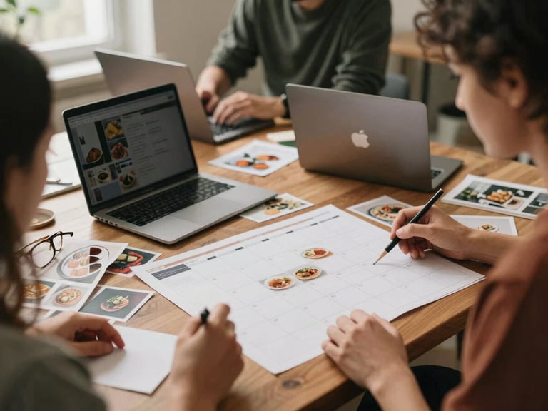Behind-the-scenes shot of a creative team collaborating on a content calendar, mood boards with food imagery, laptops, soft indoor light, warm editorial photography, 35mm film