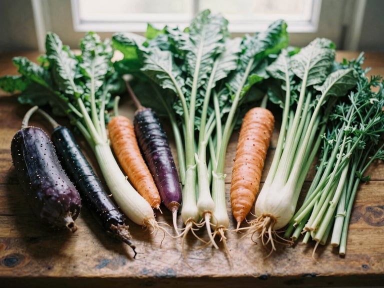 Overhead flat-lay of fresh, organic vegetables and herbs on a rustic wooden board, soft natural light, rich earthy tones, shallow depth of field, 35mm film