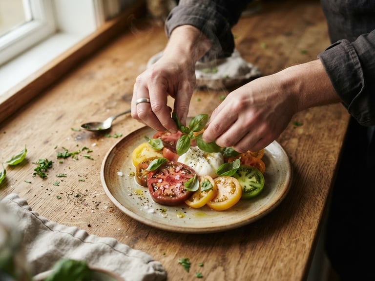 A close-up overhead shot of hands plating a rustic heirloom tomato dish at a wooden kitchen pass, steam rising, soft natural Scandinavian daylight, rich crimson and forest green tones, shallow depth of field