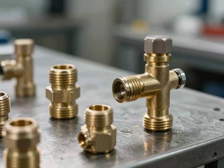 Close-up of modern low-flow brass aerators and clean pipe fittings on a steel workbench, sharp technical lighting