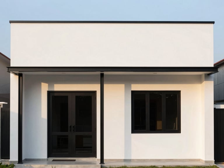 Before and after contrast of a renovated minimalist home facade in Kebayoran, clean white walls, sharp black steel frames, architectural shot