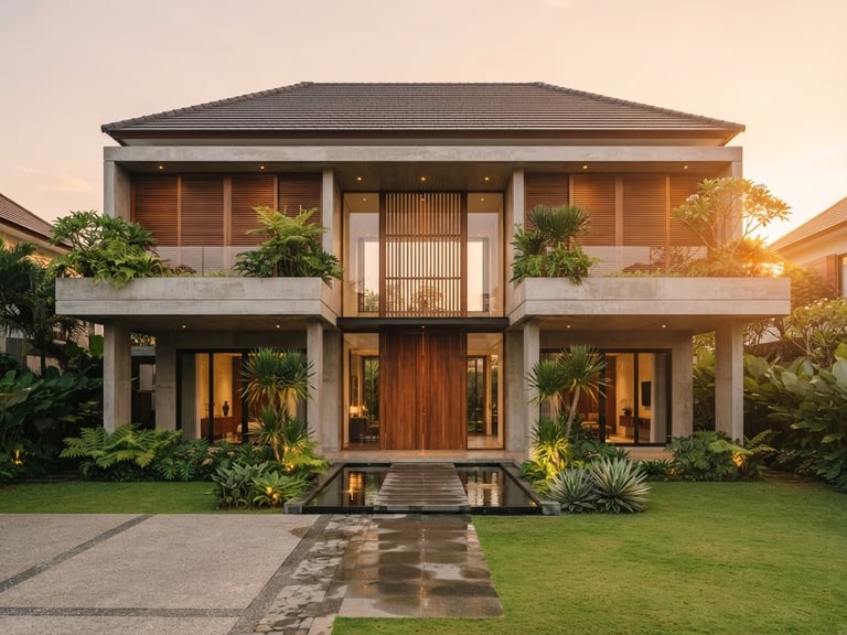 Symmetrical front elevation of a modern Indonesian luxury house at golden hour, warm lighting, clean concrete and teak wood facade, high-end architectural photography, 35mm lens