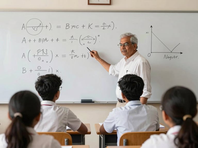 A focused classroom mentoring session in Nagpur, a veteran teacher explaining a physics derivation on a whiteboard to a small group of attentive students, bright natural daylight.