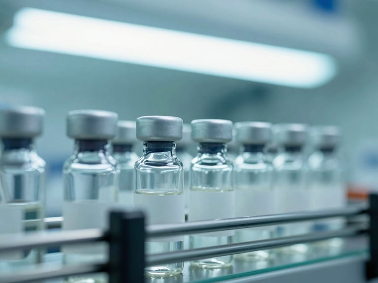 Macro photograph of sterile glass vials on an automated fill-finish conveyor line under bright cool fluorescent light, clinical teal tones, sharp focus, 35mm