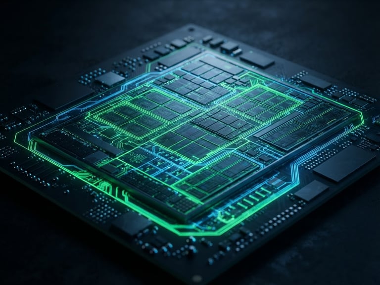 High-fidelity vector schematic of a mobile CPU system-on-a-chip, glowing circuit traces in neon green and cyber blue, dark low-key background, technical blueprint style.