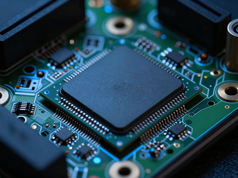 Macro photography of a mobile device motherboard, focus on a clean silicon processor chip, moody low-key lighting with sharp blue accent reflections, sleek metallic surfaces.