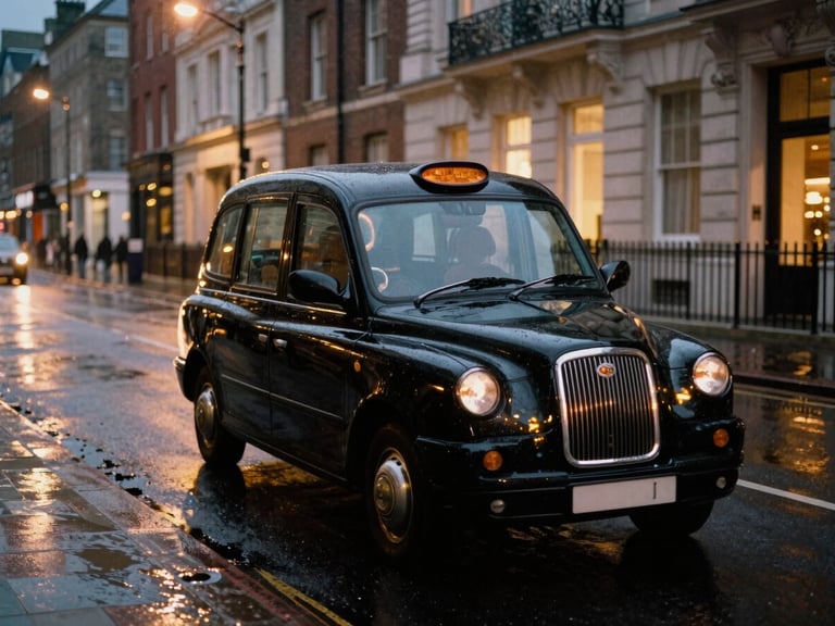 A cinematic wide shot of a classic black London cab driving through wet streets at twilight, warm streetlights reflecting on the pavement, soft 35mm film grain