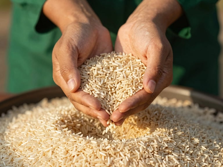 Close-up of hands respectfully pouring rice grains for zakat fitrah, warm editorial lighting, 35mm lens
