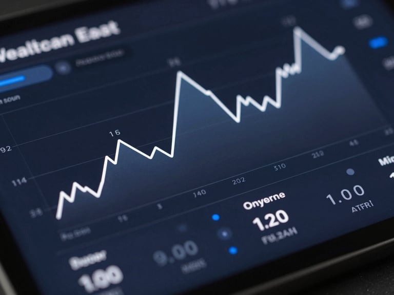 Macro high-fidelity dark-mode UI mockup of a wealth dashboard, clean white compounding line graph on slate navy background, minimalist financial metrics, cool blue accent lighting