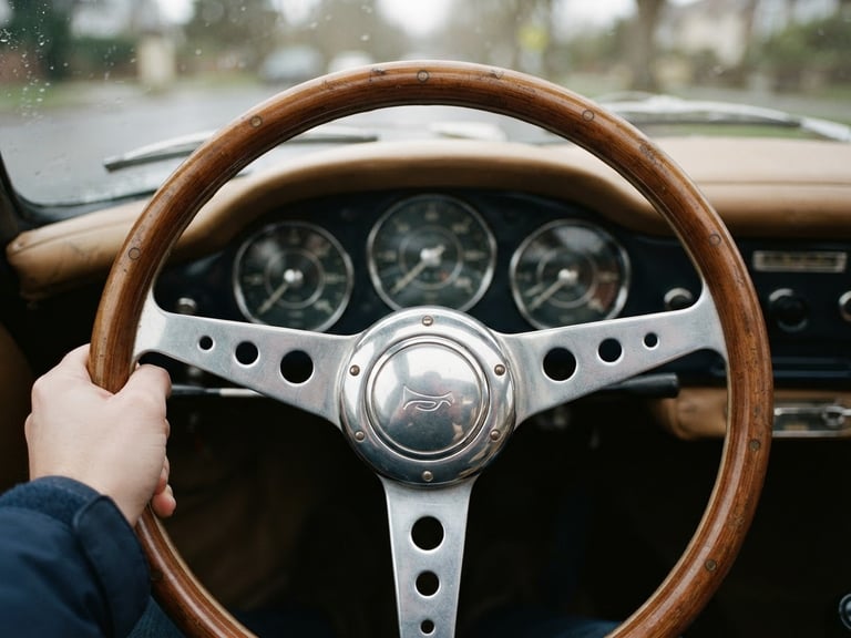 Close-up of a vintage sports car steering wheel, polished wood and chrome, soft overcast afternoon light, shallow depth of field, 35mm film style