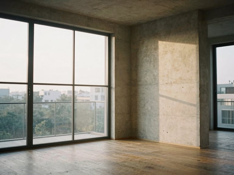 Interior detail of a sunlit minimalist apartment with raw concrete walls, oak floors, and large steel-framed windows, soft late afternoon golden hour light, 35mm film.