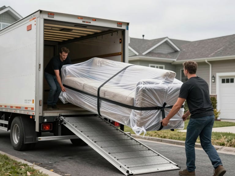Wide shot of two movers carrying a wrapped sofa down a moving truck ramp toward a suburban townhouse front door, natural overcast daylight, asphalt driveway, white doorframe visible in background, no faces visible, equipment ramp and securing straps prominent