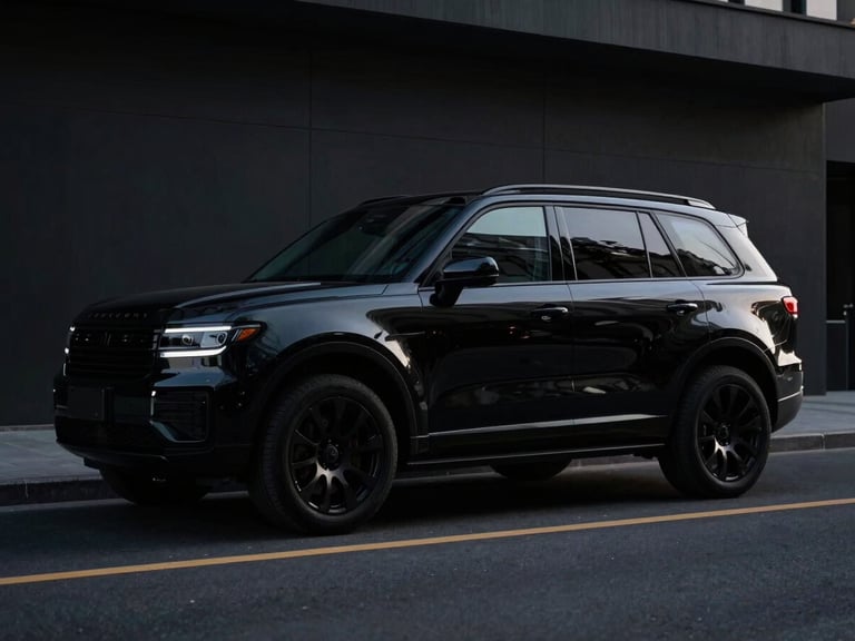 Sleek black armored SUV, low-profile, parked on a city street at dusk, cinematic shadows, no visible branding.