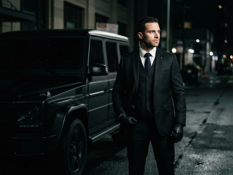 Clean-cut security specialist in a dark, tailored suit, focused expression, standing beside a low-profile black SUV, dramatic side-lighting, cinematic, sharp focus, 35mm