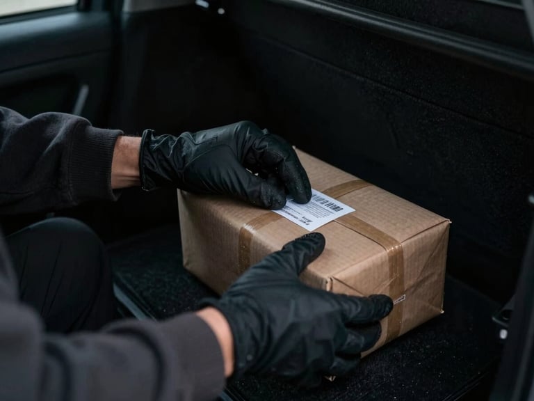 Close-up of hands in dark gloves securing a discreet package in the back of a vehicle, sharp focus, low light.