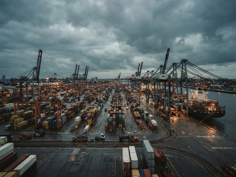 Wide environmental shot of a commercial container terminal at overcast dusk, massive gantry cranes in desaturated steel tones, subtle safety orange highlights, 35mm film grain
