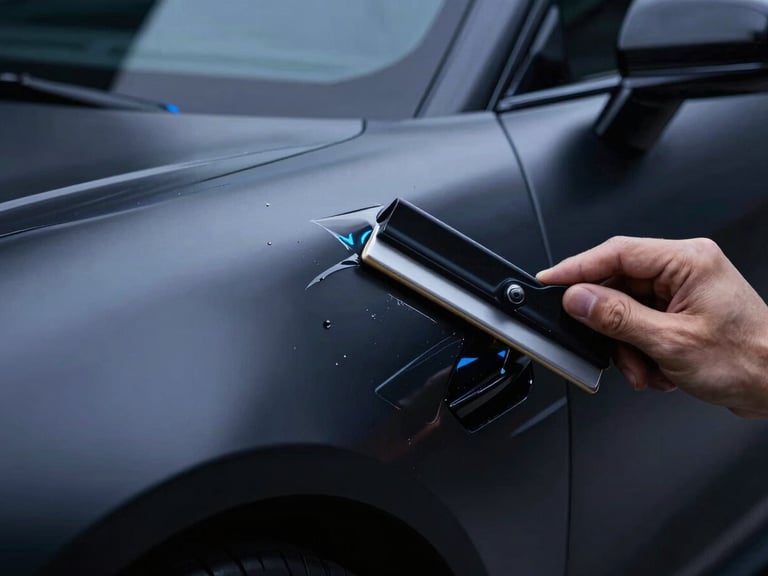 Extreme close-up of a flawless paint protection film application on a matte black supercar fender, a technician's hand using a squeegee with micron-level precision, dramatic blue lighting, 35mm