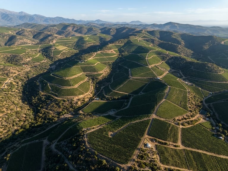 Aerial orthophoto of structured vineyards in Chile central valley, crisp morning sunlight highlighting topographic contour lines, high-resolution detail.