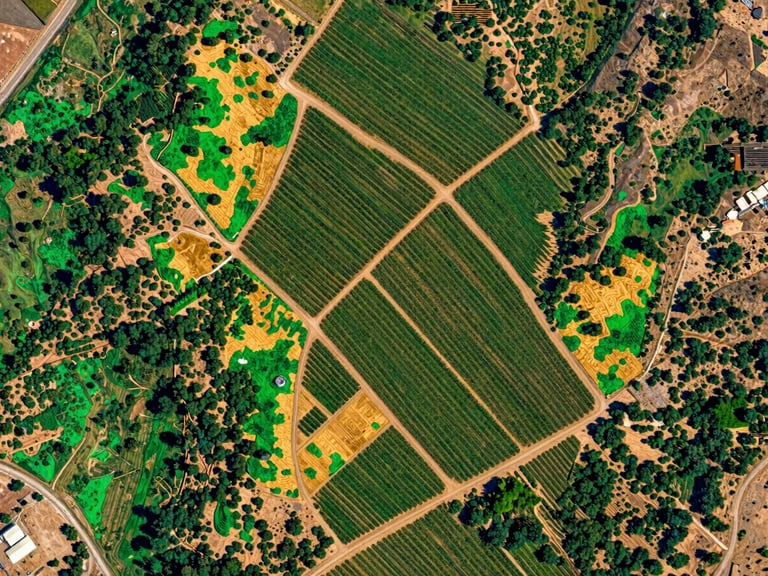 High-resolution NDVI multispectral heatmap of a structured vineyard in Chile, vibrant green and gold agricultural zoning, aerial perspective, crisp details
