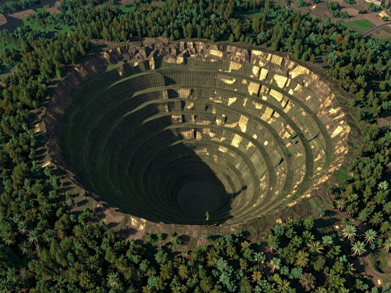 Technical 3D point cloud visualization of a Chilean mining pit, wireframe mesh overlay, high-contrast dark green and gold data points, digital rendering