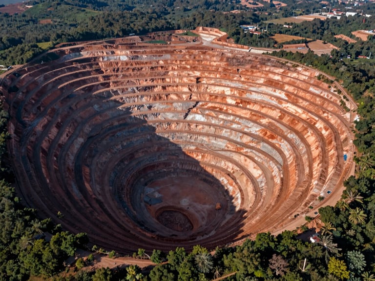 High-altitude aerial orthophoto looking straight down at a massive open-pit mine in Chile, copper-colored terraced earth, crisp morning light, high-resolution topographic detail.