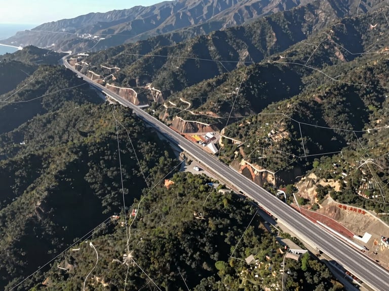 Wide-angle aerial view of a coastal highway infrastructure project in Chile, crisp daylight, precise geographic mapping lines overlaid on the landscape.
