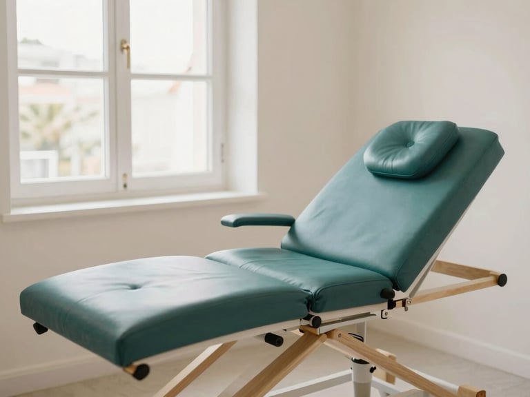 Vista parcial de una sala de consulta médica estética, limpia y luminosa, con una camilla impecable, detalles en madera clara y un toque de verde petróleo, luz natural entrando por una ventana.