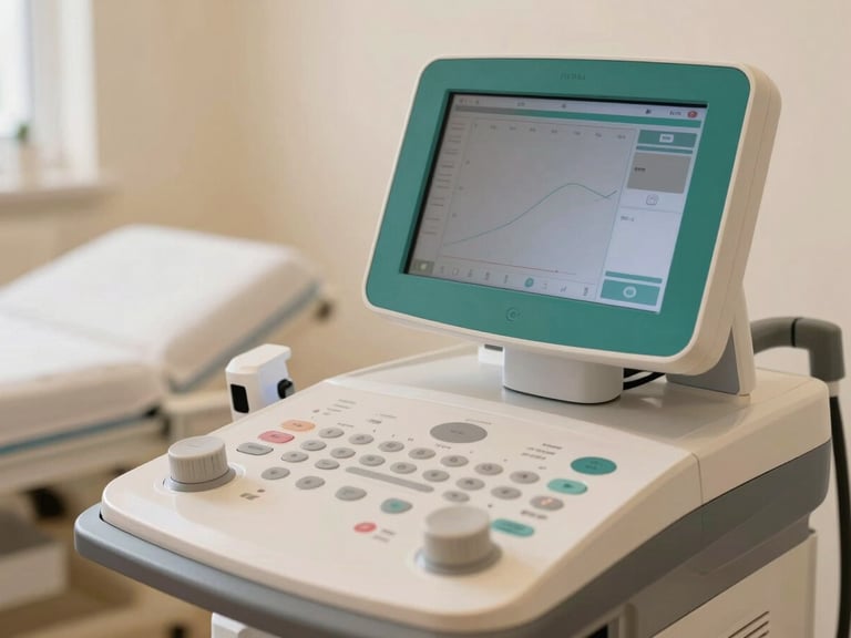 Primer plano de una máquina de diagnóstico médico estético de alta tecnología, con una pantalla limpia mostrando gráficos suaves, en un entorno clínico moderno y luminoso, con toques de verde petróleo.