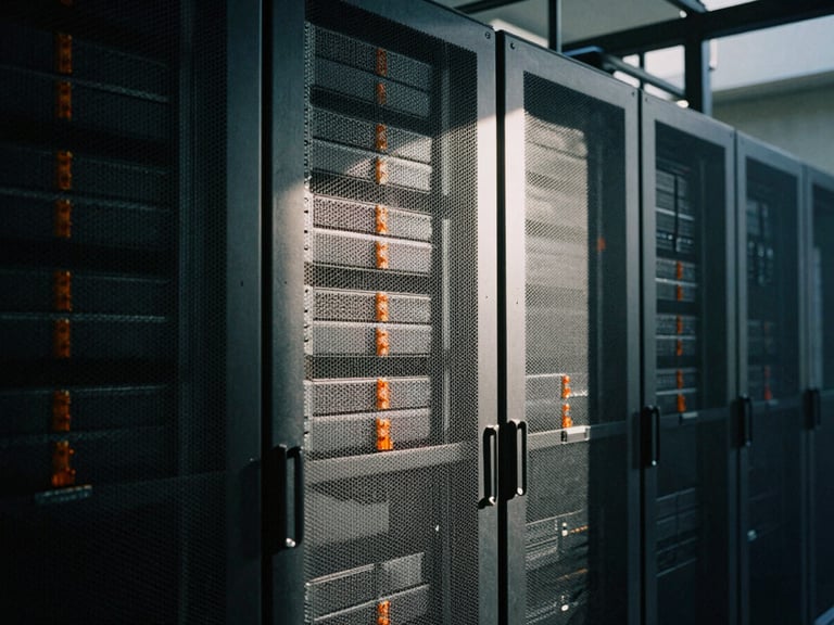 Industrial safety-orange accent on a server rack in a data center, harsh directional light, deep shadows, desaturated industrial tones, 35mm film