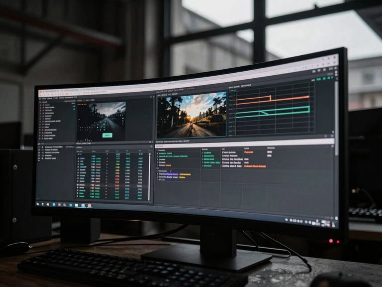 Close-up of a high-end developer workstation showing complex media buying dashboards, harsh directional light, deep shadows, desaturated industrial tones, 35mm film