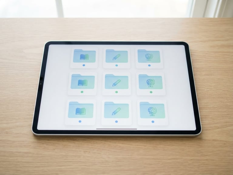 Minimalist digital mockup of an educational portal on a tablet showing clean organized folders for Sudanese school levels, bright natural daylight, soft blue and green accents, high-key lighting, 35mm