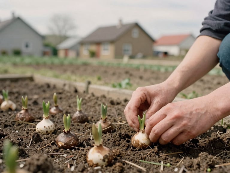 Close-up of hands planting spring flower bulbs in a community garden, soft natural overcast daylight, earthy tones, village houses in background