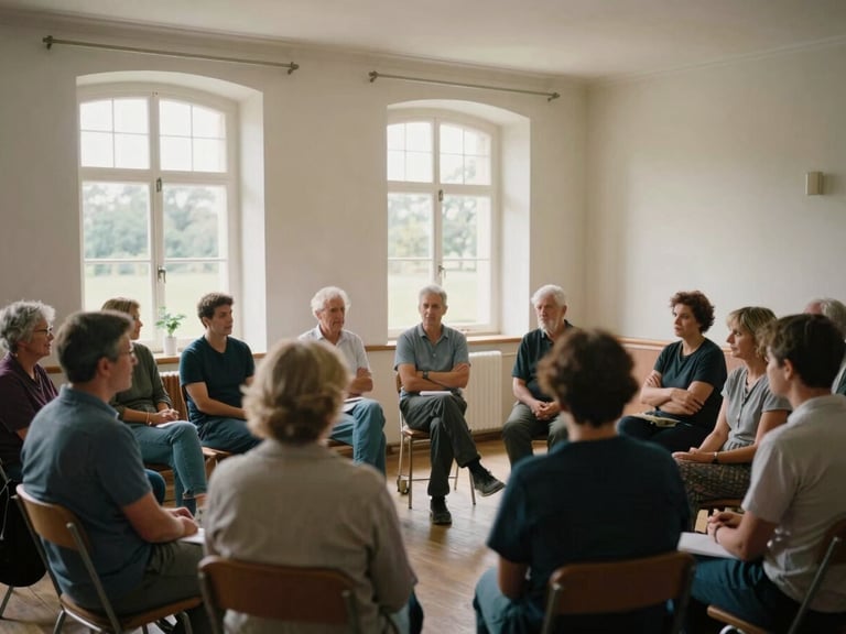 Interior of a historic village hall, community members seated and engaged in discussion, soft natural light from large windows, candid framing