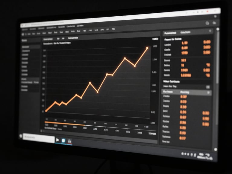 Sharp editorial photography of a high-contrast conversion rate dashboard on a modern monitor, dark monochrome with deep shadows, crisp details, 50mm lens, glowing orange metric indicators.