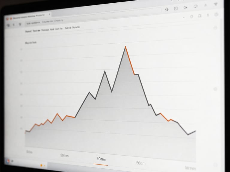 Sharp editorial photography of a split-test analytics screen showing a conversion spike, high-contrast studio lighting, monochrome with deep shadows, crisp details, 50mm lens, orange trend lines.
