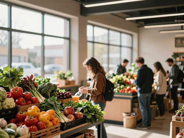 A lively, sunlit modern food market hall with colorful vendor stalls, people browsing fresh organic produce, soft natural window light, warm editorial style, shallow depth of field.