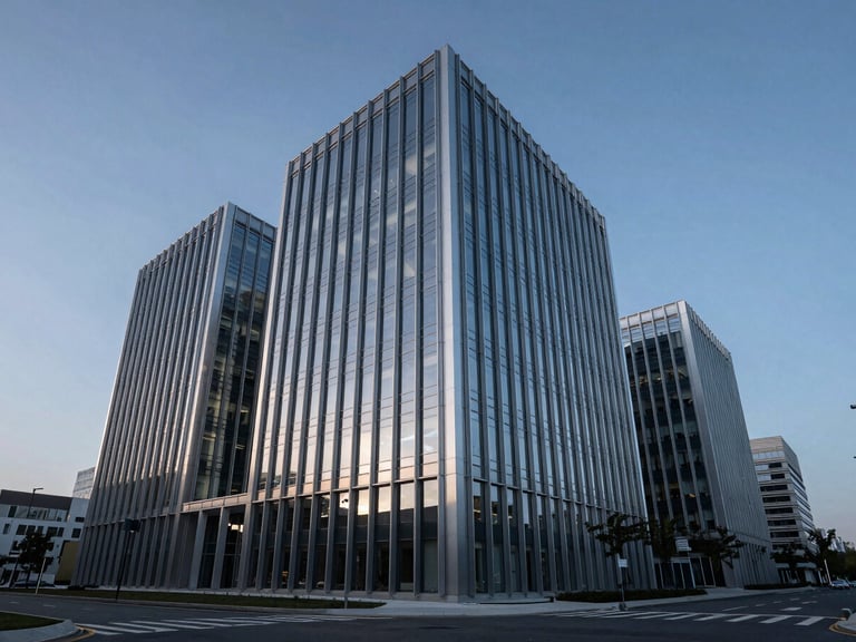 Cinematic wide-angle environmental shot of a modern architectural corporate headquarters at twilight, cool silver-blue lighting, dramatic shadows, clean grid lines, expansive sky.