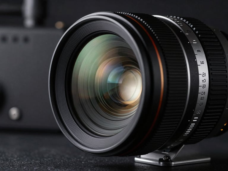 Extreme macro close-up of a high-end cinema lens, dramatic low-key studio lighting with cool silver reflections on the glass element, dark industrial background.
