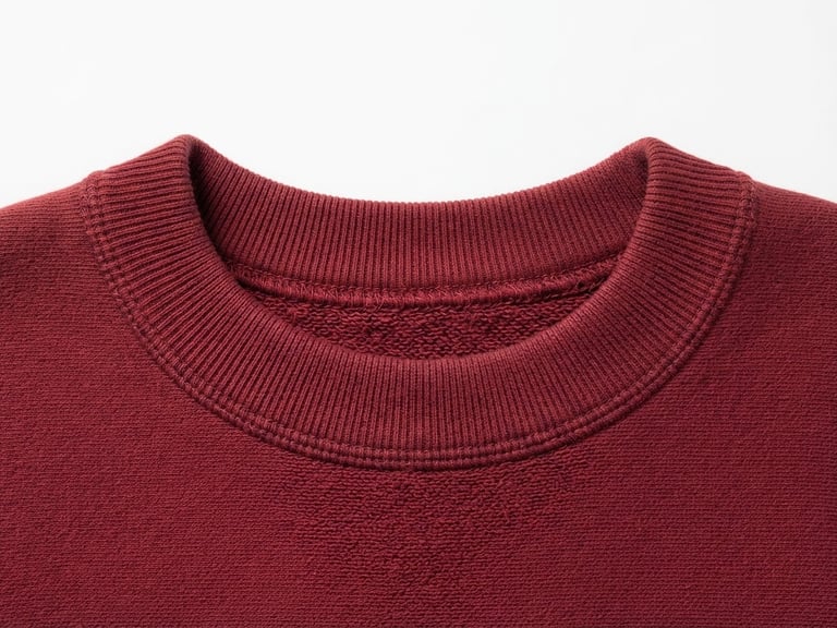 clean studio product photography, close-up of a heavy-gauge deep red cotton neckline, crisp studio light, sharp focus, neutral white background, 50mm